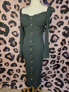✨ Mint Choco Dark Forest Green Ribbed Bodycon Midi Dress ✨ Small/Medium